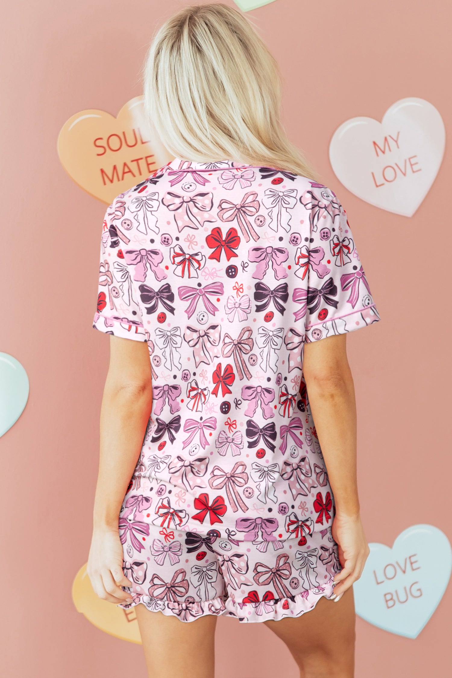 Pink Cute Ribbon Bows Printed 2pcs Short Pajama Set - Cali Chic
