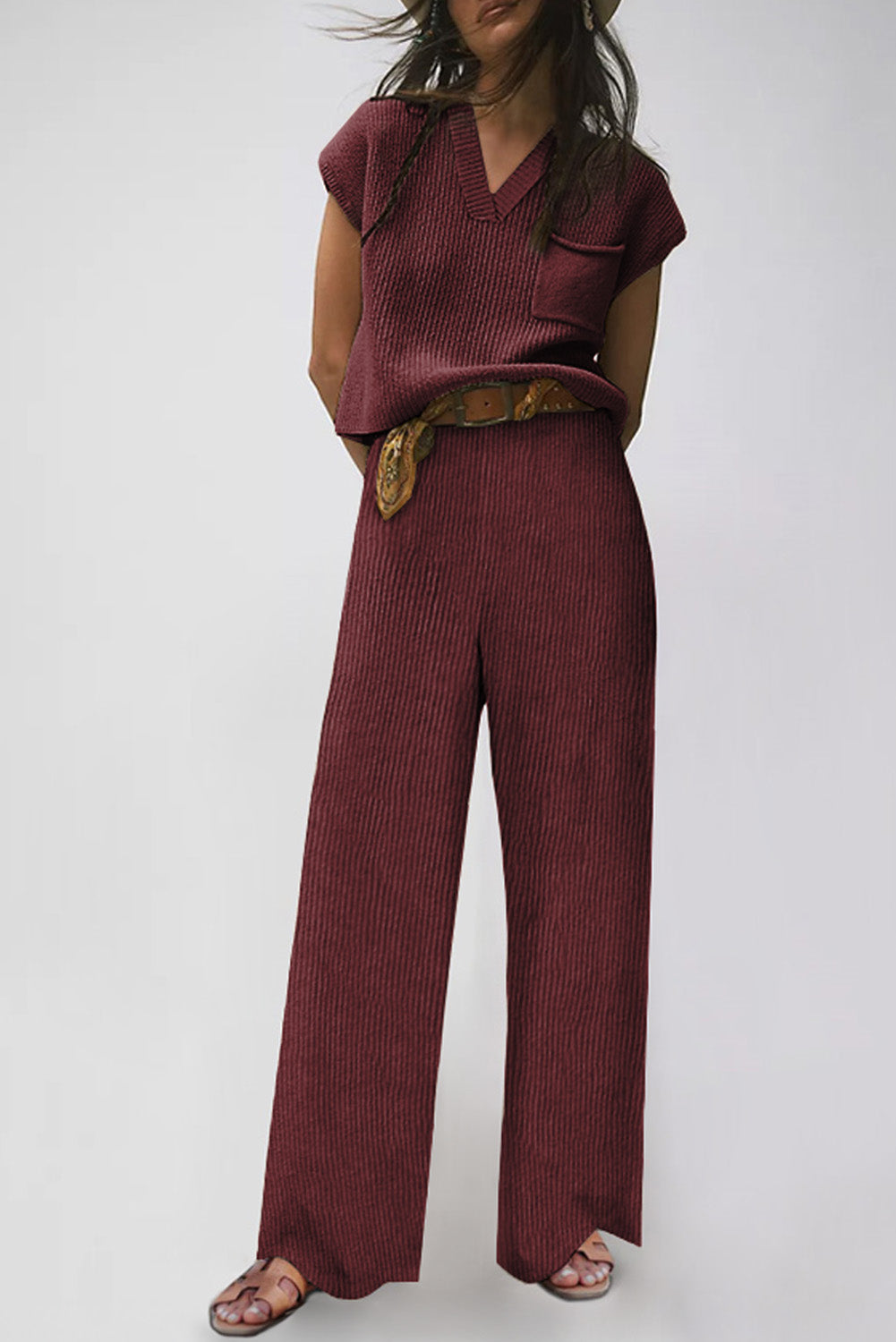 Red Knitted V Neck Sweater and Casual Pants Set