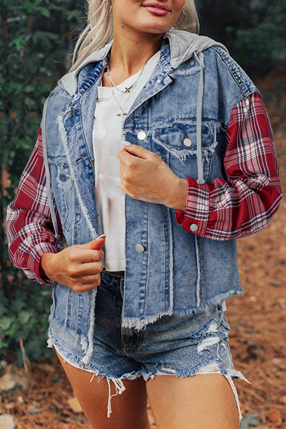 Cali Chic Women's Denim Jacket Beau Blue Plaid Print Patchwork Hooded Raw Hem Denim Coat