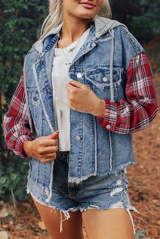 Cali Chic Women's Denim Jacket Beau Blue Plaid Print Patchwork Hooded Raw Hem Denim Coat