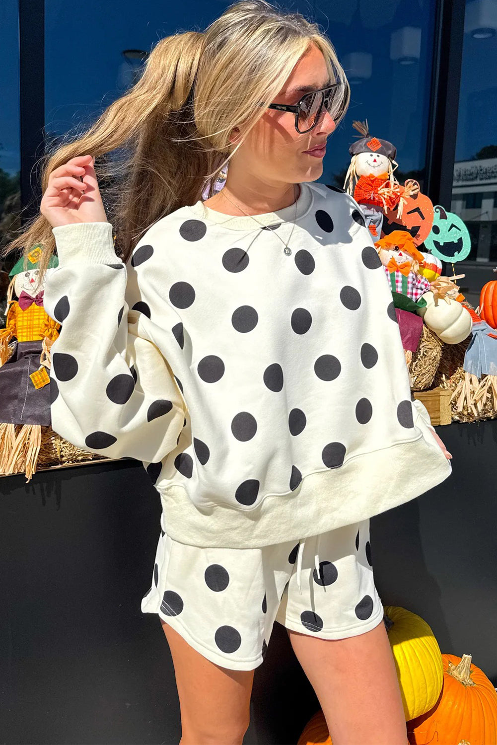 Cali Chic Women Beige Polka Dot Print Drop Shoulder Pullover Drawstring Shorts Set - Cali Chic