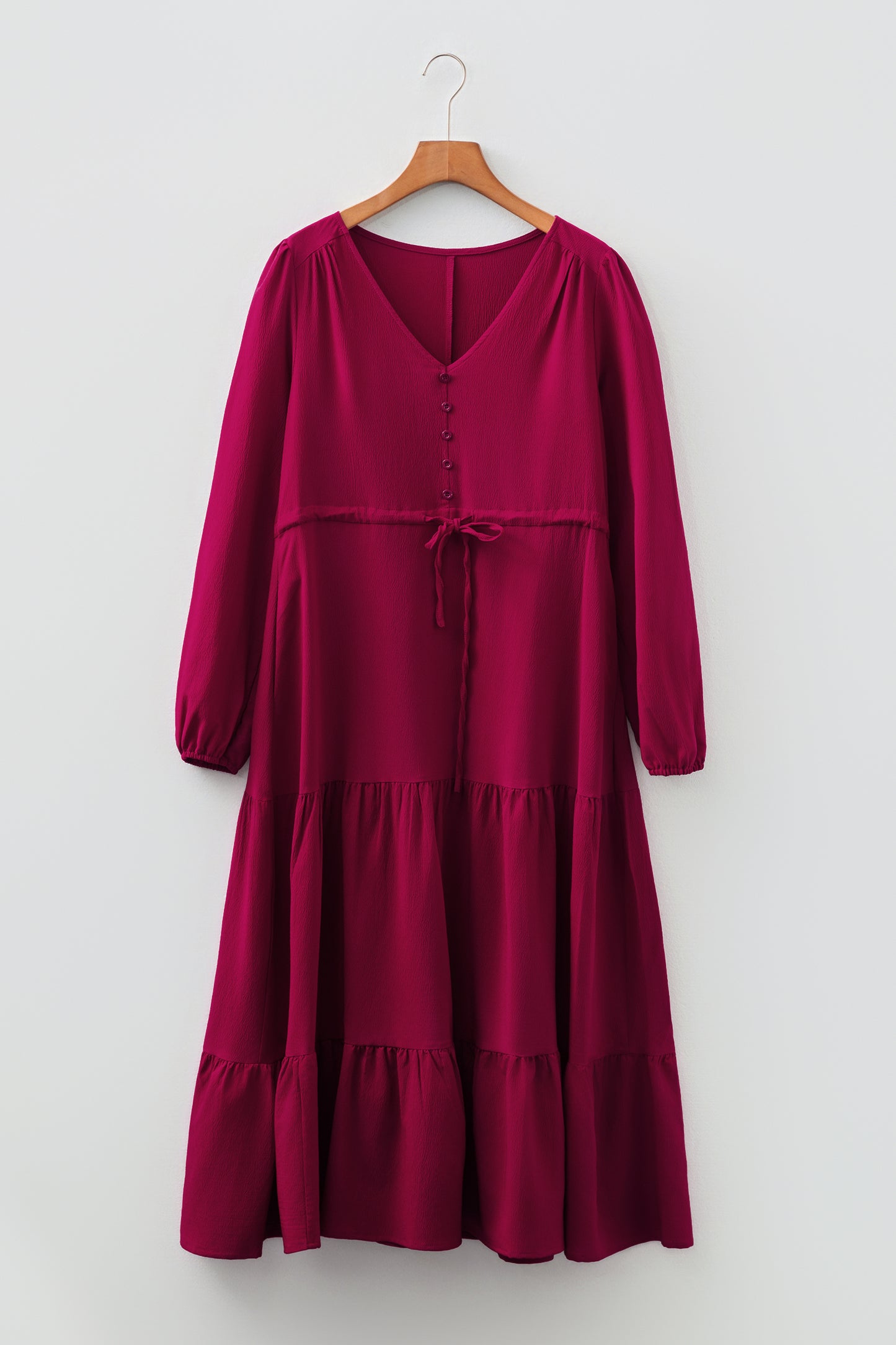 Cali Chic Women Dress Burgundy Solid Long Sleeve Button V Neck Tiered Maxi Dress - Cali Chic