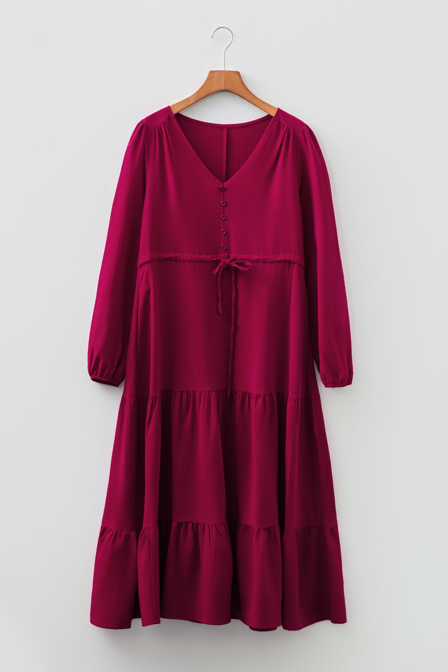 Cali Chic Women Dress Burgundy Solid Long Sleeve Button V Neck Tiered Maxi Dress - Cali Chic