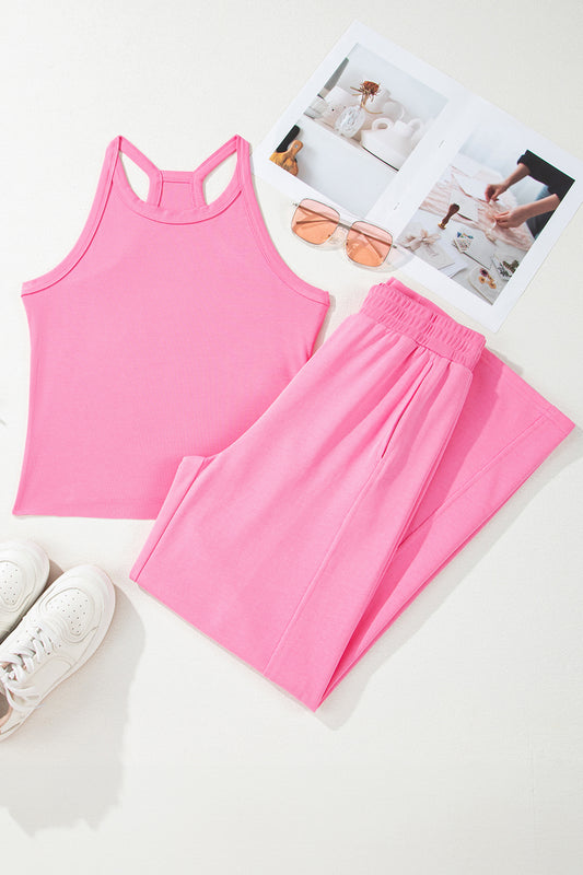 Cali Chic Women Pants Sachet Pink Slim Ribbed Tank Top and Sweatpants Set - Cali Chic