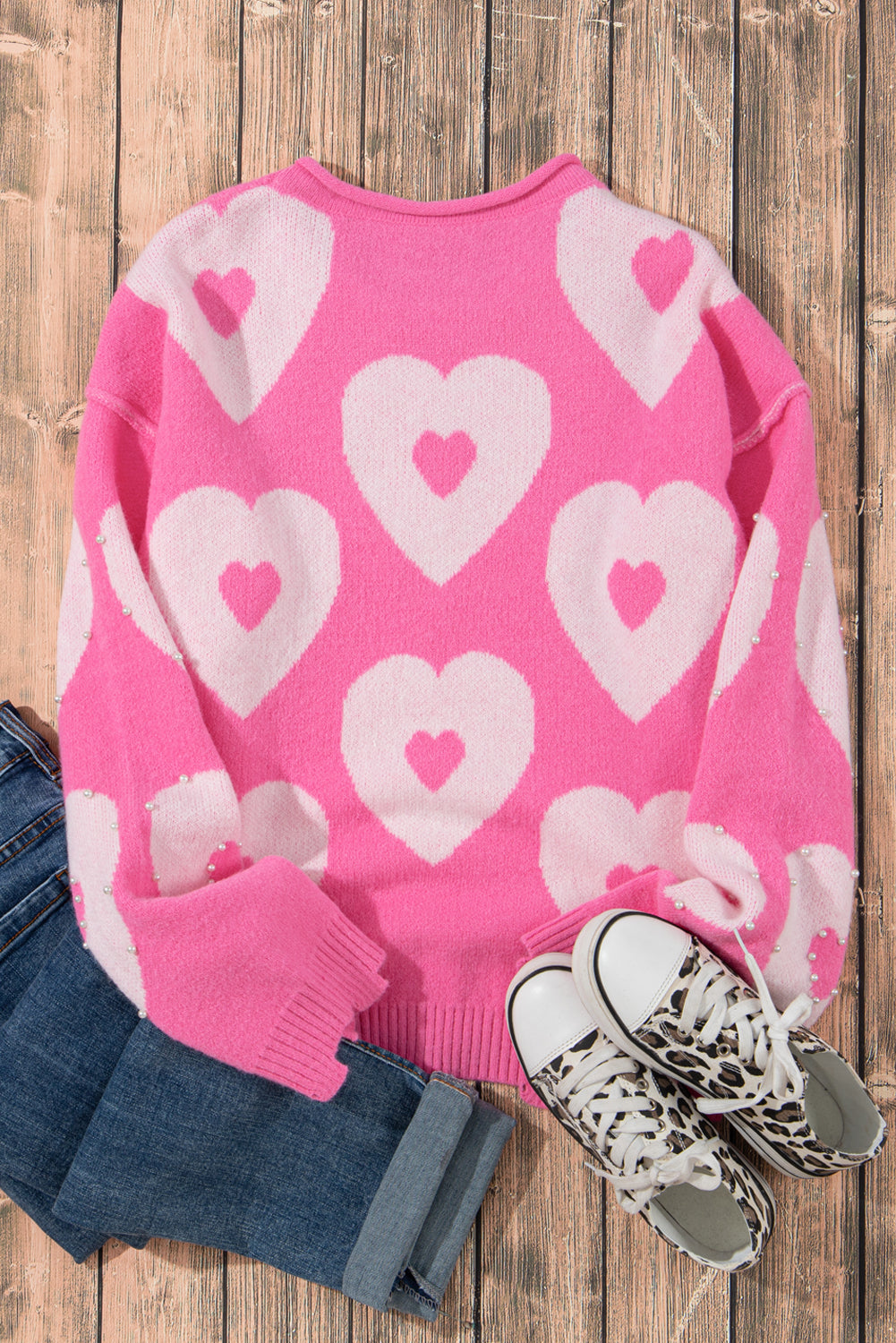 Bonbon Pearl Beaded Heart Drop Shoulder Sweater - Cali Chic