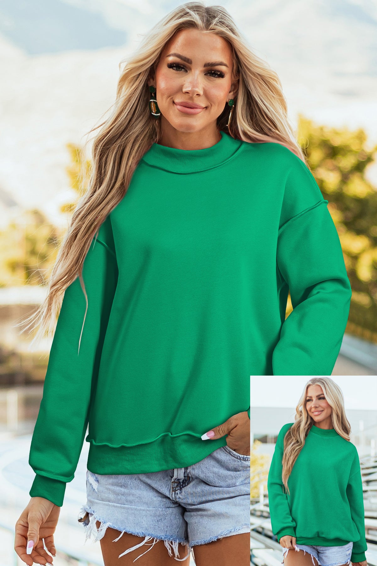 Cali Chic Women's Sweatshirt Oversized Drop Shoulder Reversible Mock Neck Sweatshirt