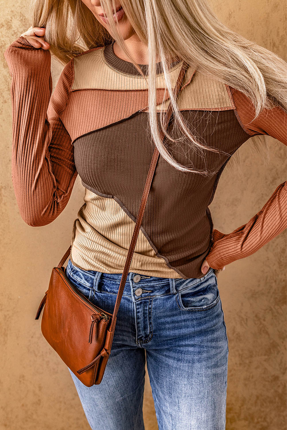 Cali Chic Brown Expose Seam Color Block Ribbed Knit Top