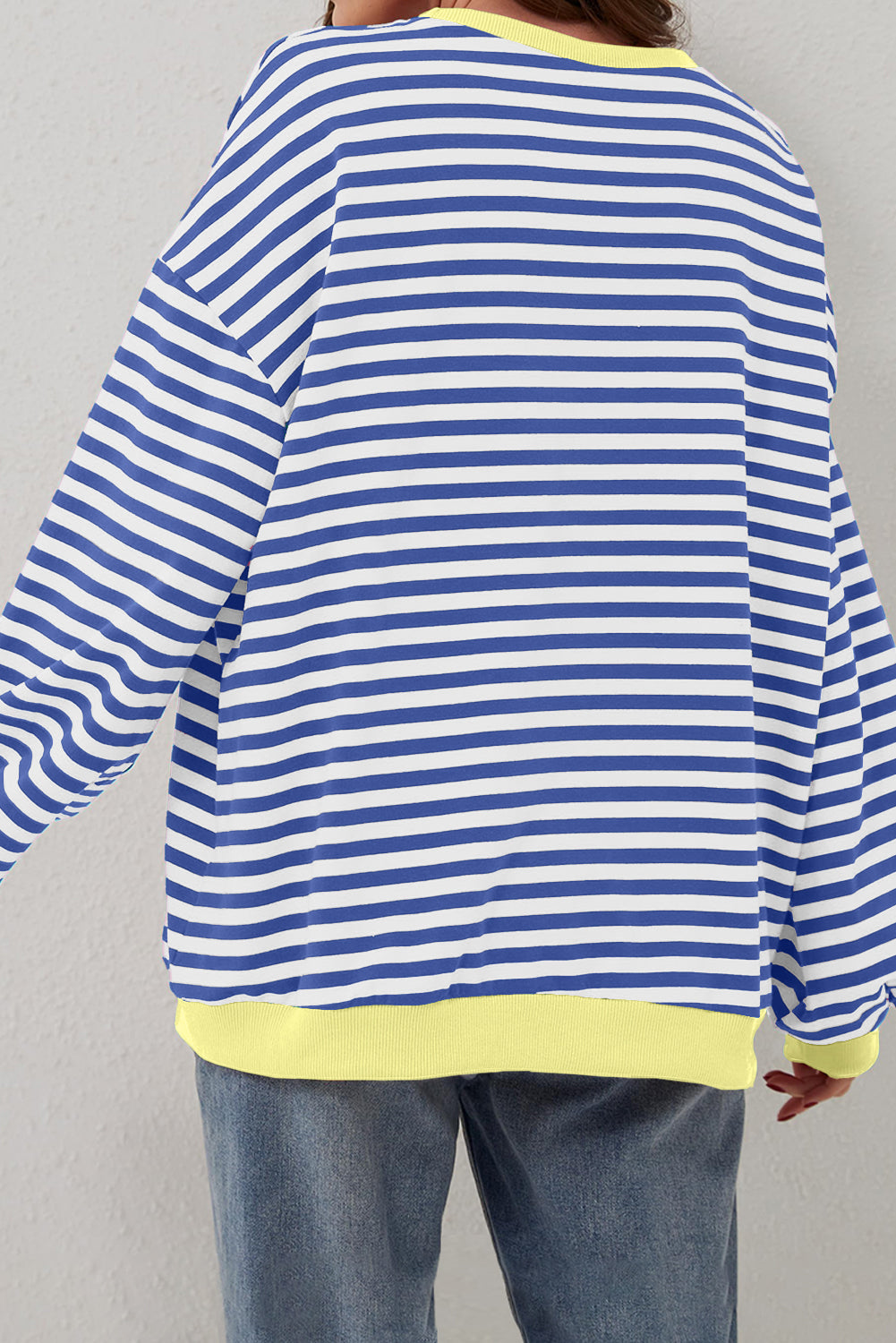 Cali Chic Women Sweatshirt Blue Stripe Oversized Contrast Trim Pullover Sweatshirt - Cali Chic