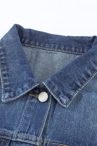 Cali Chic Blue Lapel Distressed Raw Hem Buttons Denim Jacket