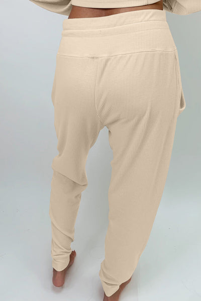 Cali Chic Apricot Ribbed Long Sleeve Drawstring Pants Set