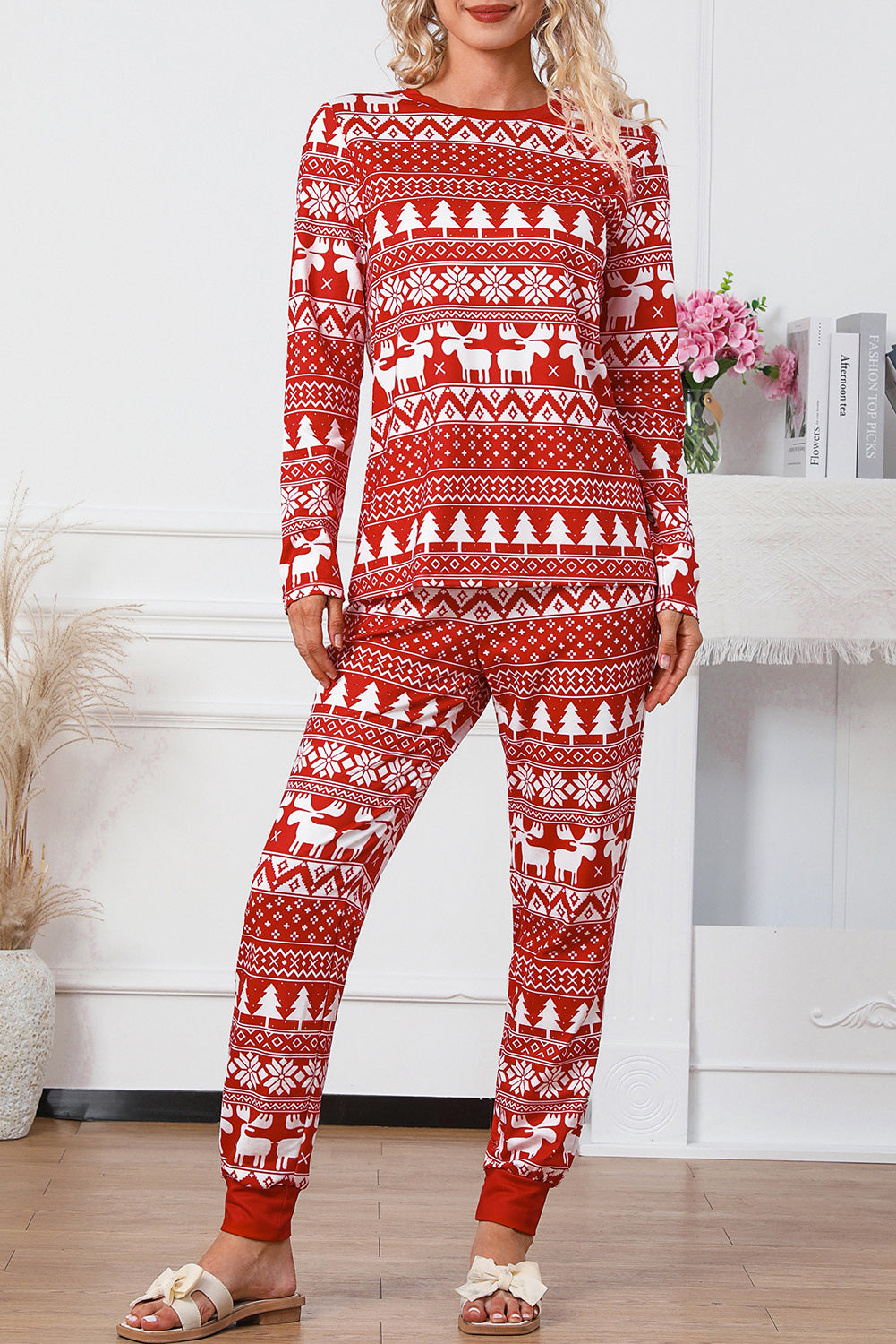 Red Christmas Tree Reindeer Pullover and Pants Lounge Set