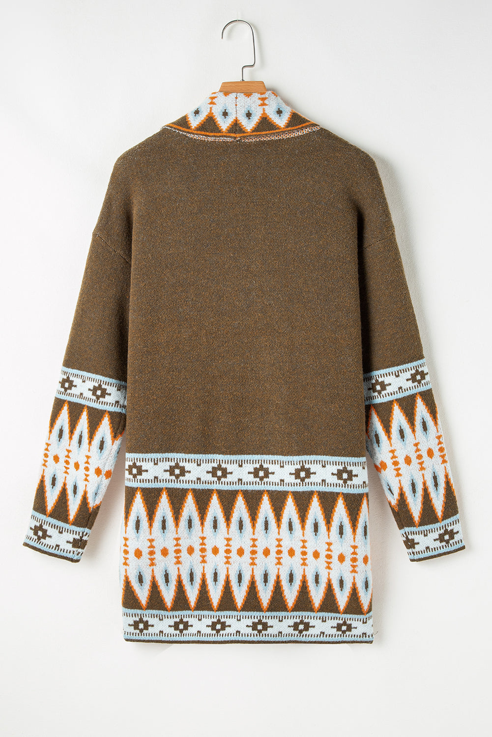 Brown Aztec Print Open Front Knitted Cardigan - Cali Chic
