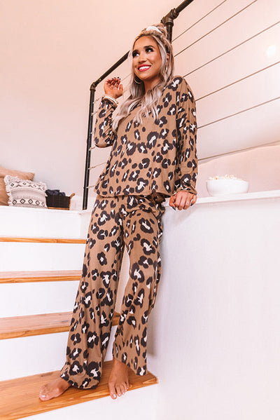 Cali Chic Brown Leopard Print Long Sleeve Pullover and Pants Outfit