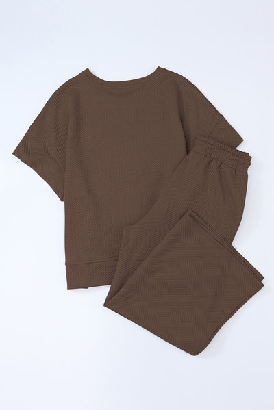 Cali Chic Brown Textured Loose Fit T Shirt and Drawstring Pants Set