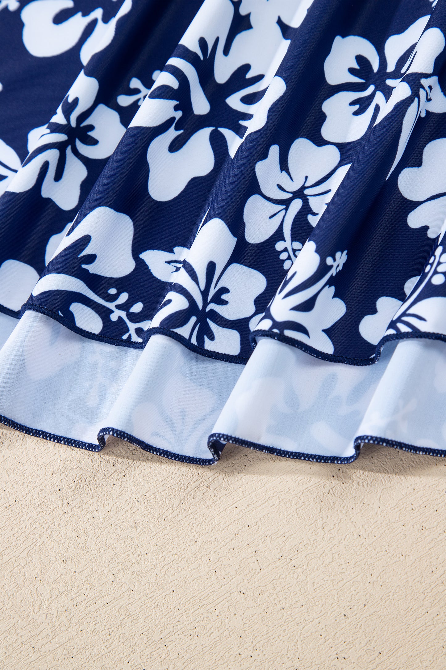 Cali Chic Women Swimsuit Blue Floral Print Patchwork Bow Knot Detail Sleeveless Swim Dress - Cali Chic