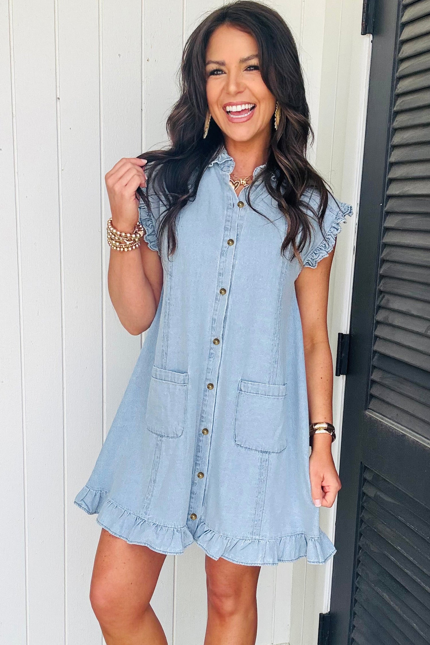 Cali Chic Women Dress Beau Blue Ruffled Edge Collared Shift Denim Dress with Pockets - Cali Chic