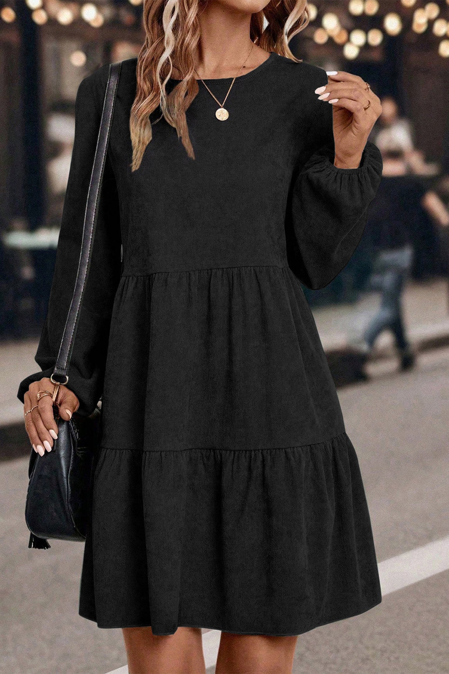 Cali Chic Women Dress Black Lantern Sleeve Tiered Mini Dress - Cali Chic