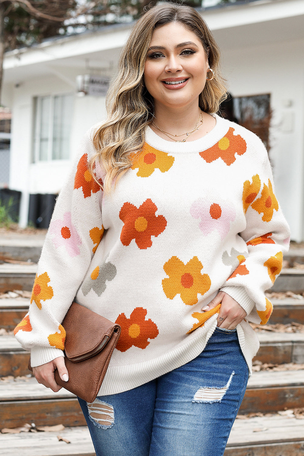 Cali Chic Bright White Plus Size Flower Pattern Ribbed Trim Casual Sweater