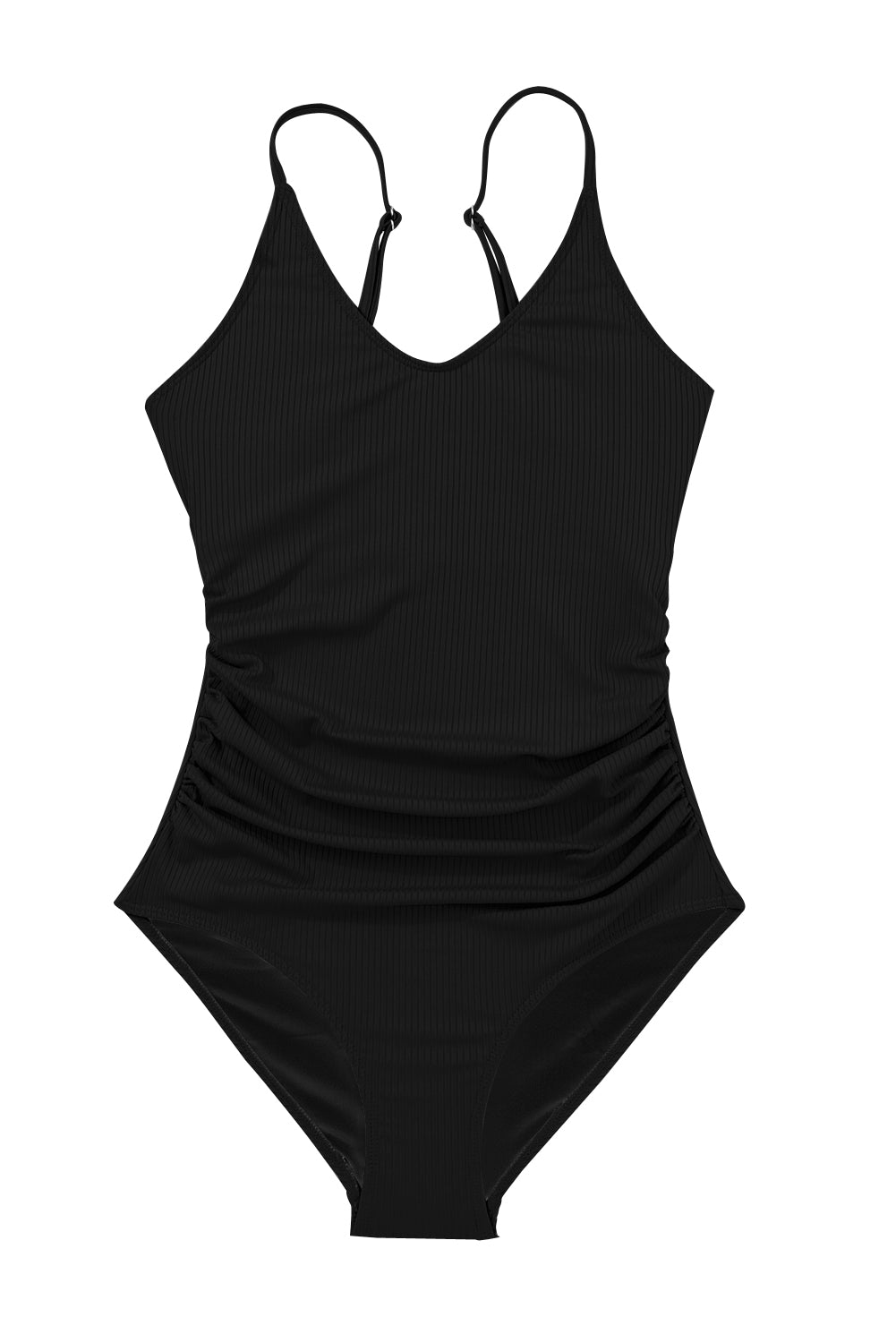 Black Ribbed Textured Scoop Neck One Piece Swimsuit