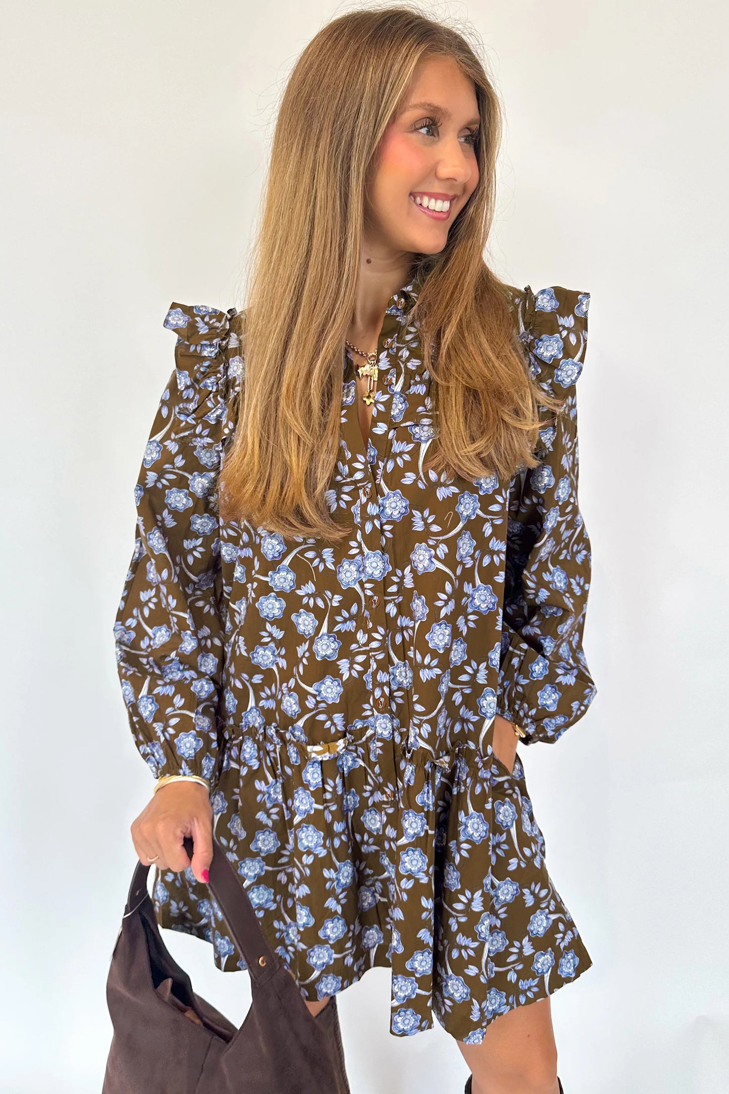 Cali Chic Women Dress Brown Floral Print Ruffled Detail Shirt Collar Button Down Long Sleeve Dress - Cali Chic