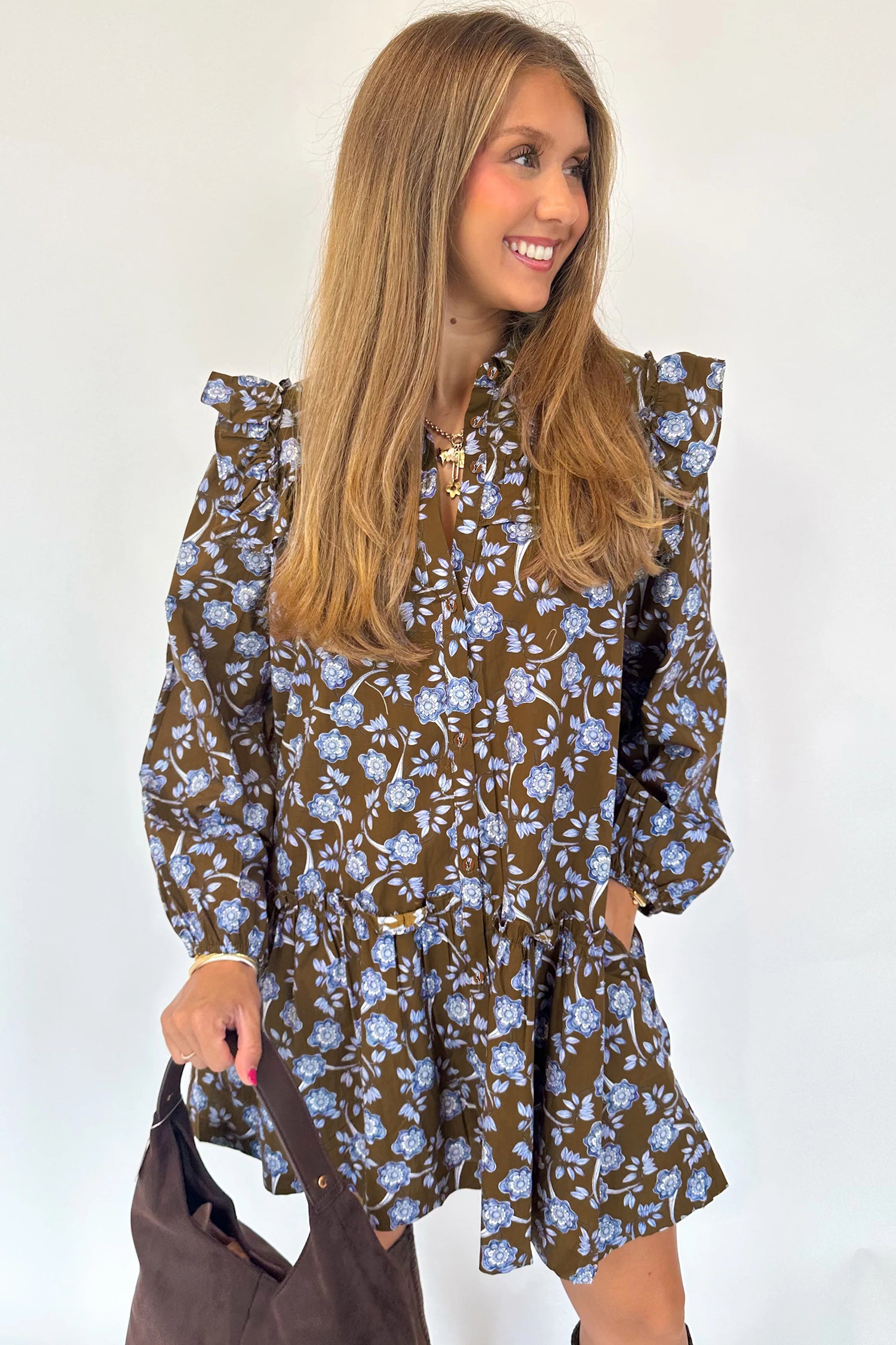 Cali Chic Women Dress Brown Floral Print Ruffled Detail Shirt Collar Button Down Long Sleeve Dress - Cali Chic