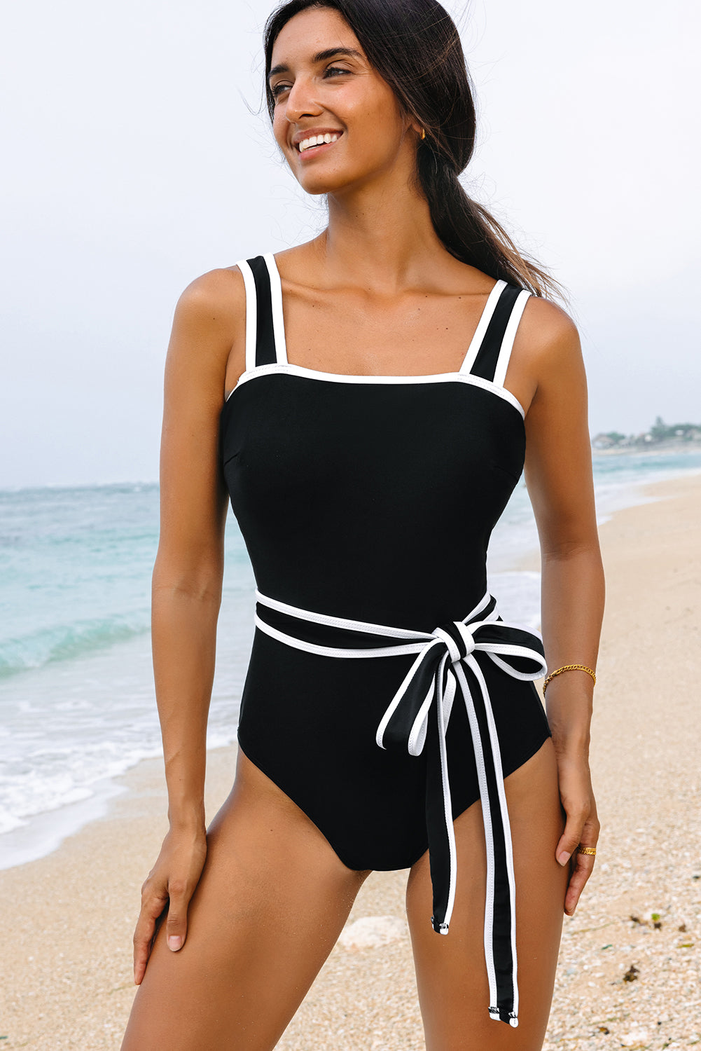 Cali Chic Women Swimsuit Black Color Block Edge Belted One Piece Swimsuit - Cali Chic