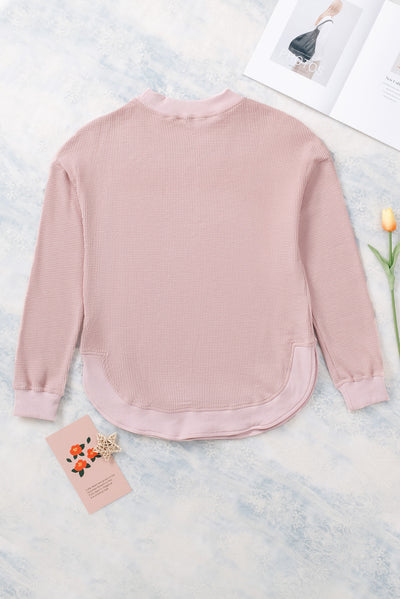 Cali Chic Pink Crew Neck Ribbed Trim Waffle Knit Top