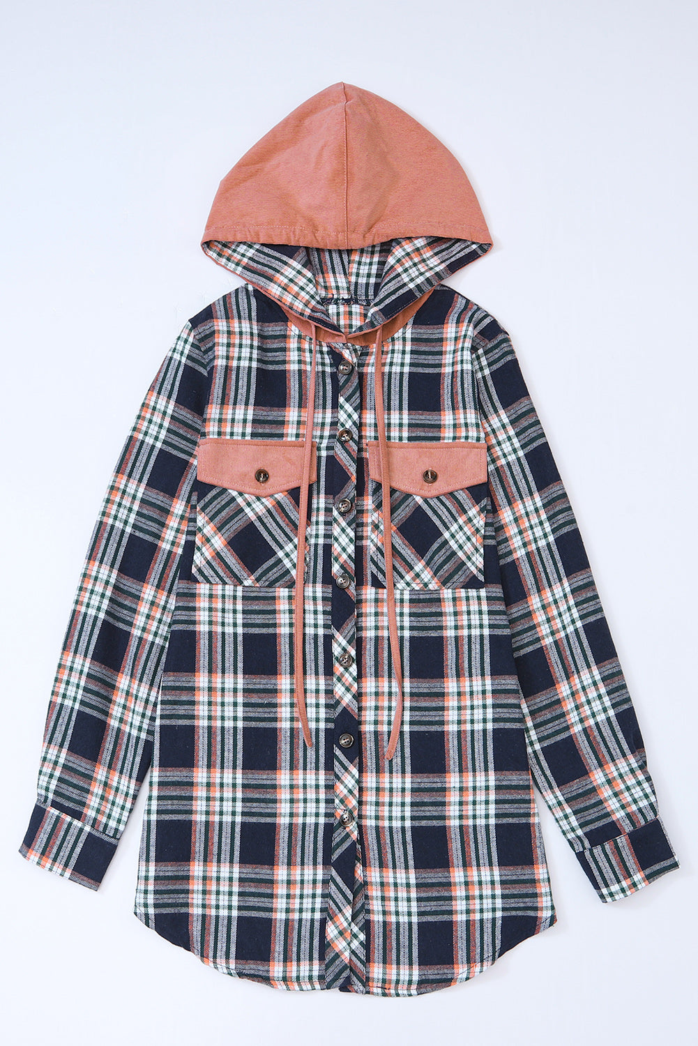 Cali Chic Pink Contrast Hooded Drawstring Plaid Shacket