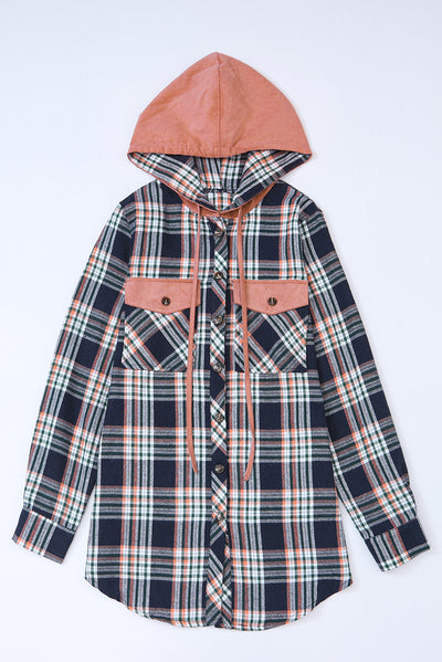 Cali Chic Pink Contrast Hooded Drawstring Plaid Shacket