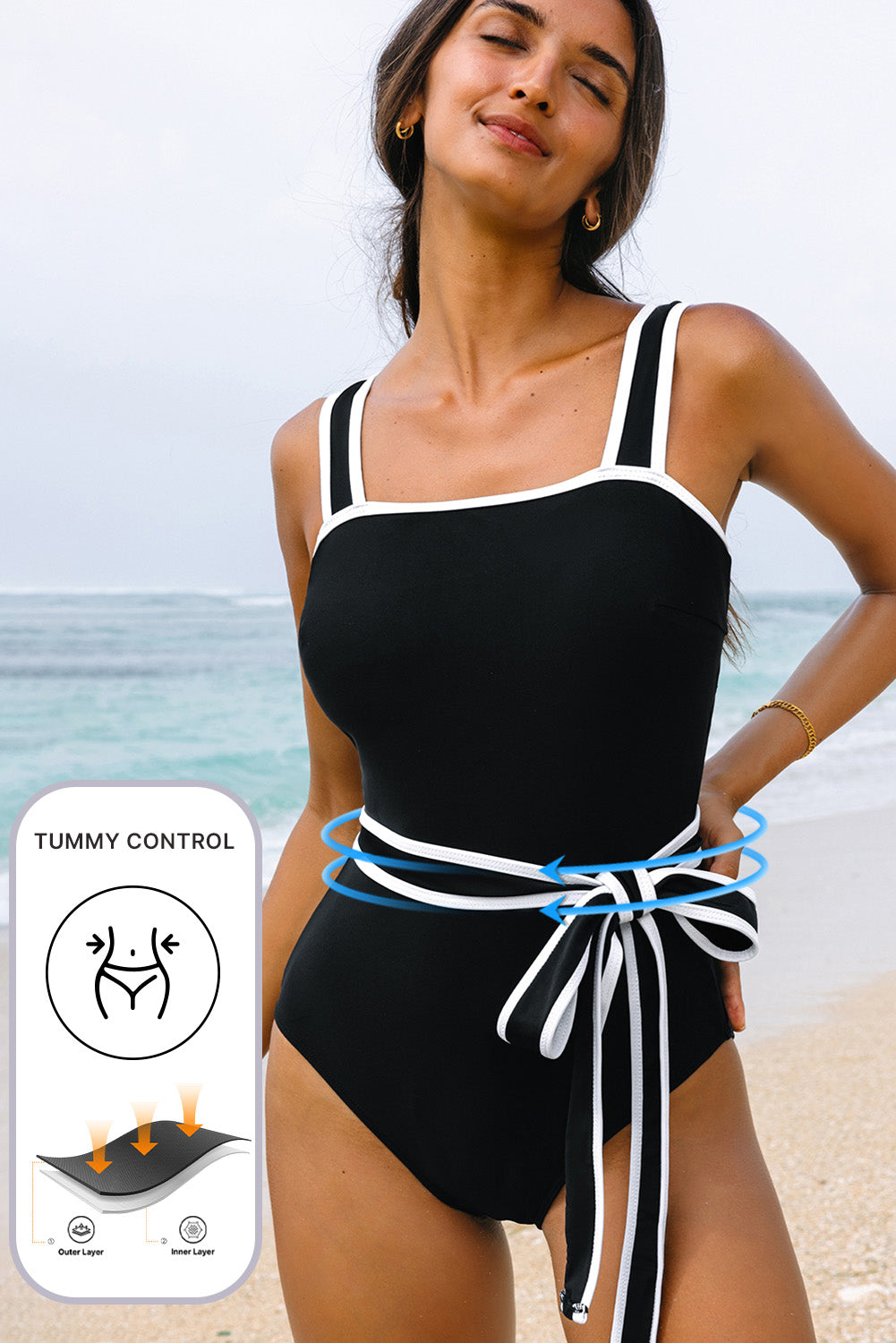 Cali Chic Women Swimsuit Black Color Block Edge Belted One Piece Swimsuit - Cali Chic