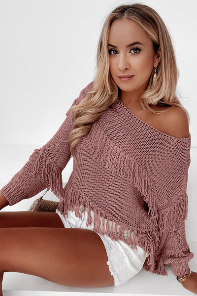 Pink Boho Tasseled Knitted Sweater