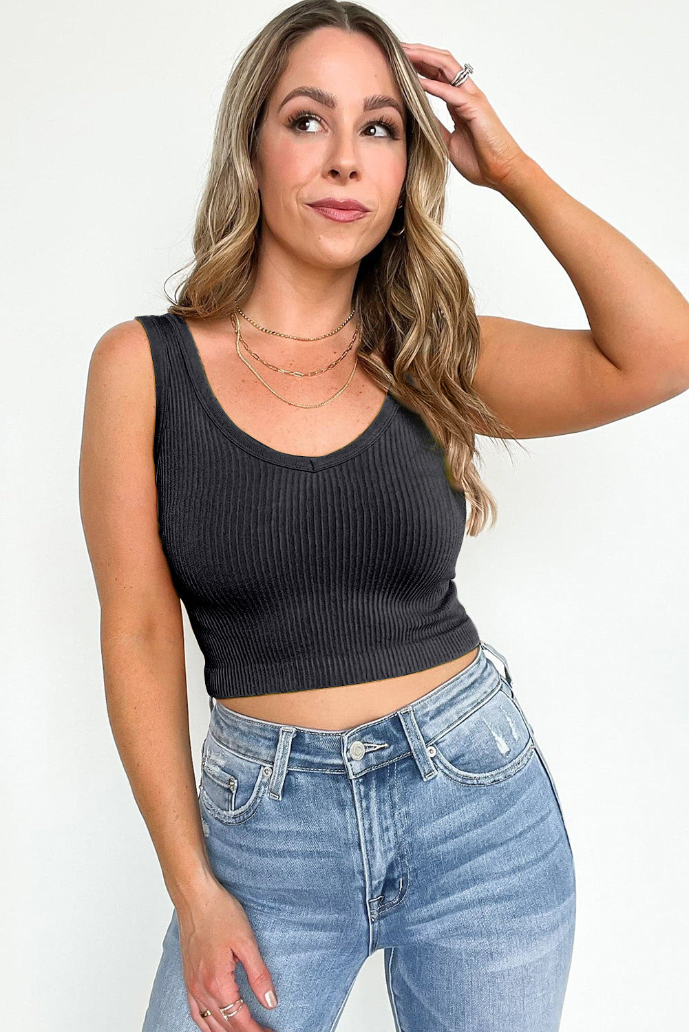 Black Ribbed Seamless Cropped Tank Top