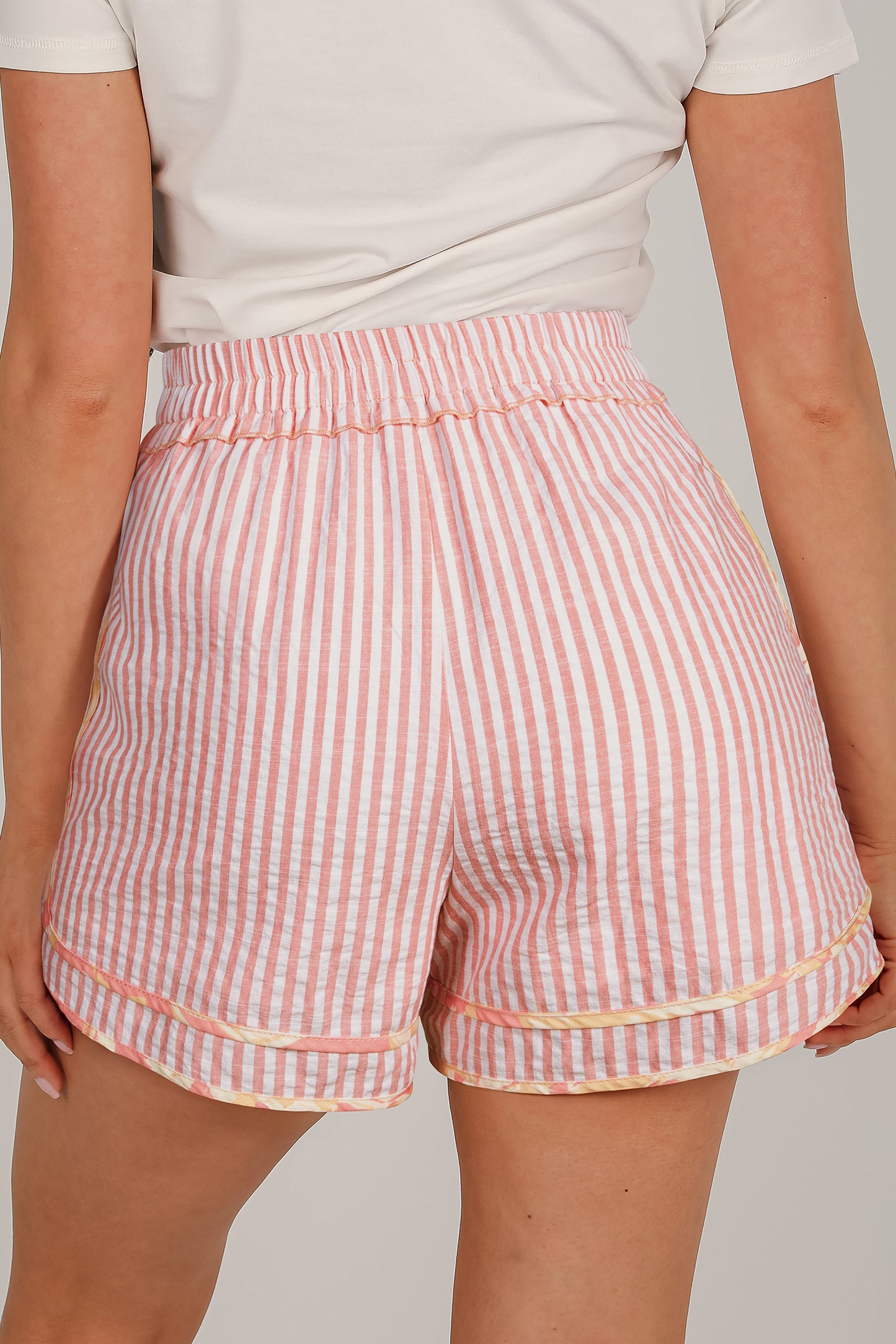 Cali Chic Women Short Light Pink Floral Trim Ribbon Knot Striped Casual Shorts - Cali Chic