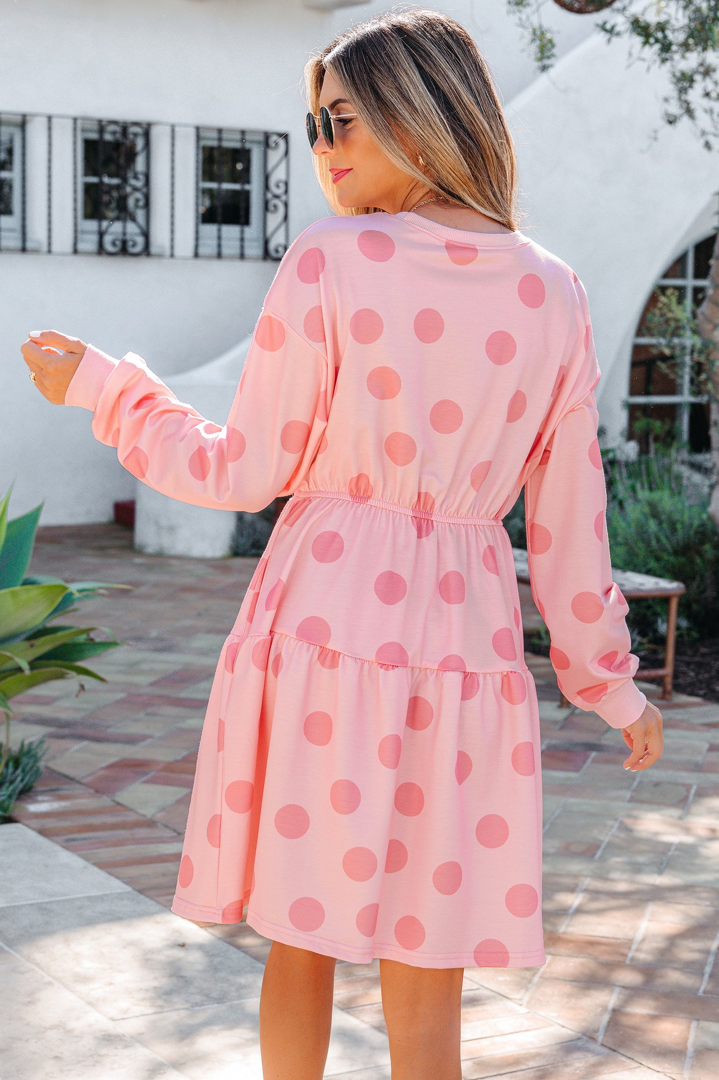 Pink polka dot printed mini dress for women with long sleeves and flared style by Dear-Lover, perfect for casual or elegant looks.