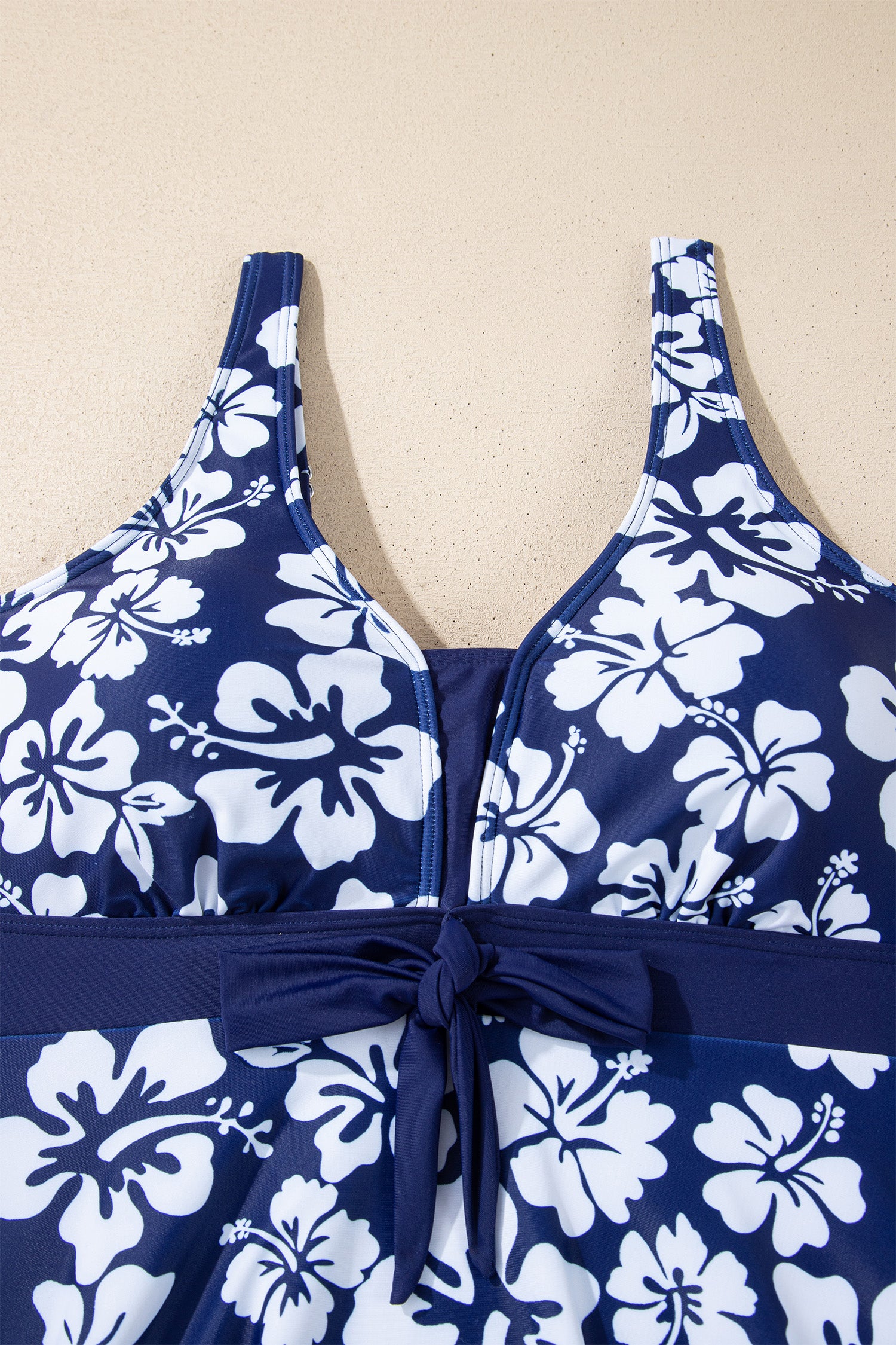 Cali Chic Women Swimsuit Blue Floral Print Patchwork Bow Knot Detail Sleeveless Swim Dress - Cali Chic