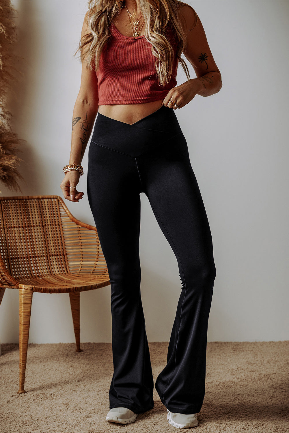Cali Chic Women's Leggings Black V Shape High Waist Flared Pants