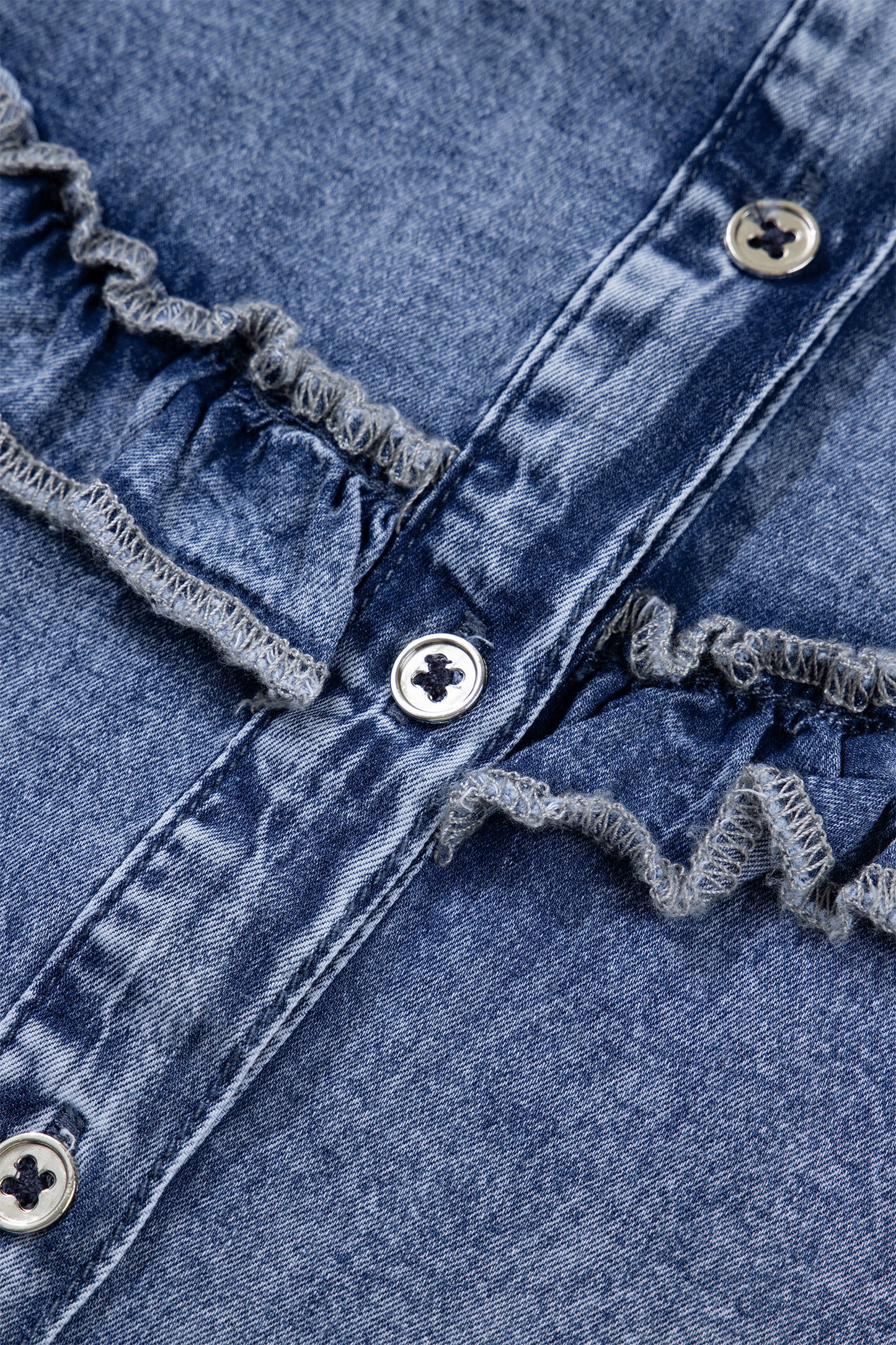 Cali Chic Women Top Dusk Blue Vintage Wash Denim Ruffle Detail Button Down Shirt - Cali Chic