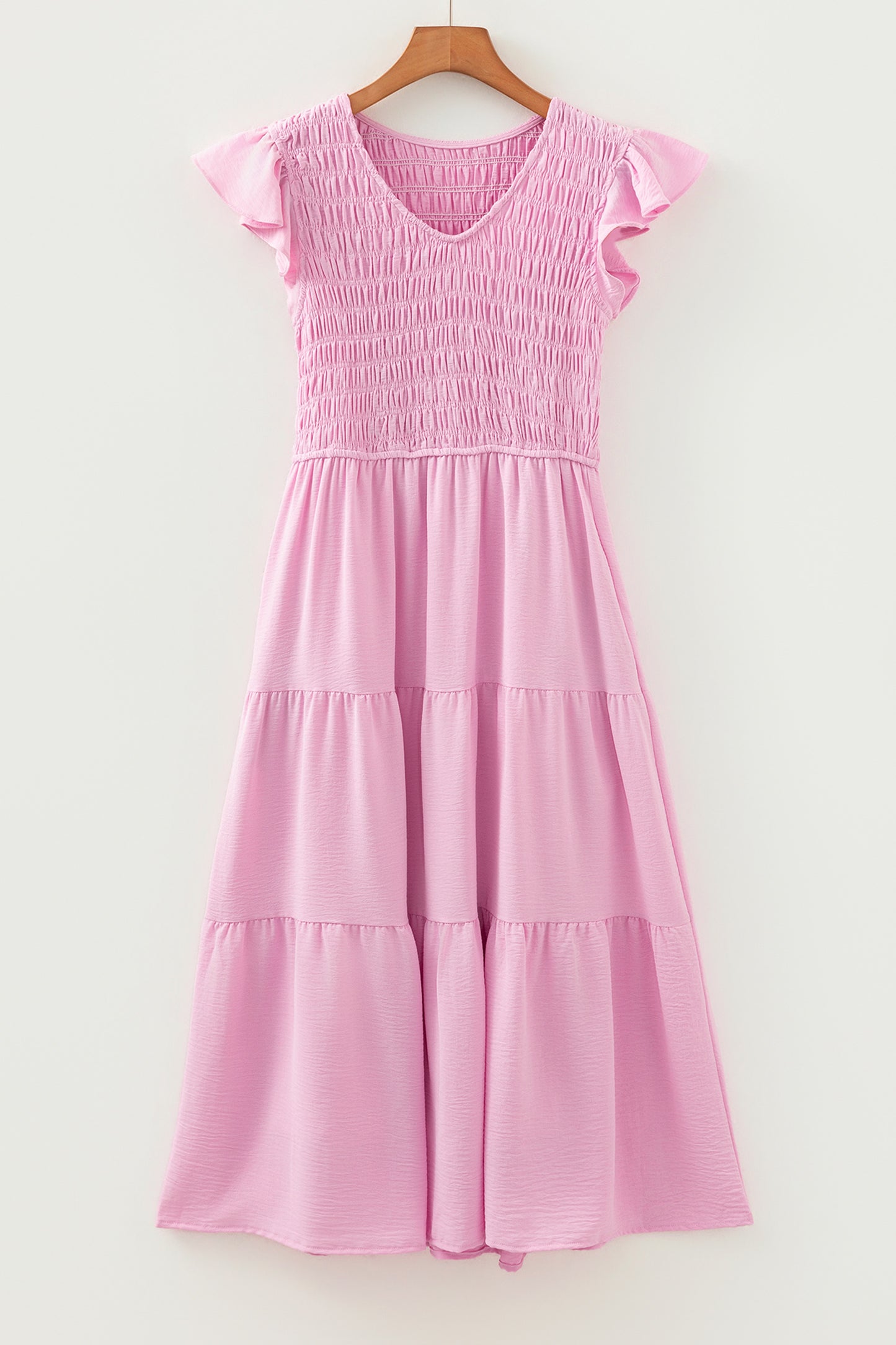Cali Chic Women Dress Pink Smocked Bodice Flutter Sleeve Fit Flare Tiered Midi Dress - Cali Chic