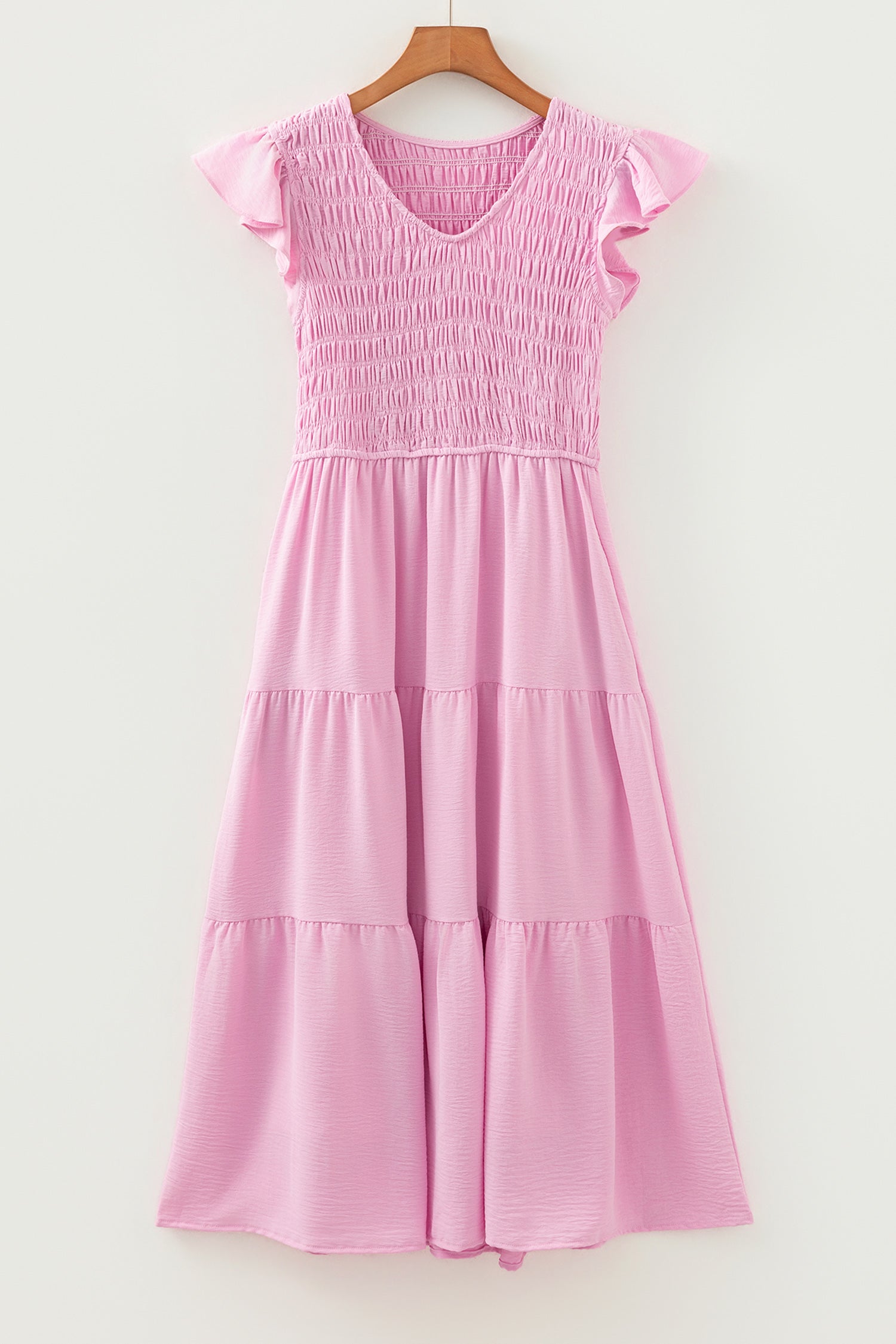 Cali Chic Women Dress Pink Smocked Bodice Flutter Sleeve Fit Flare Tiered Midi Dress - Cali Chic