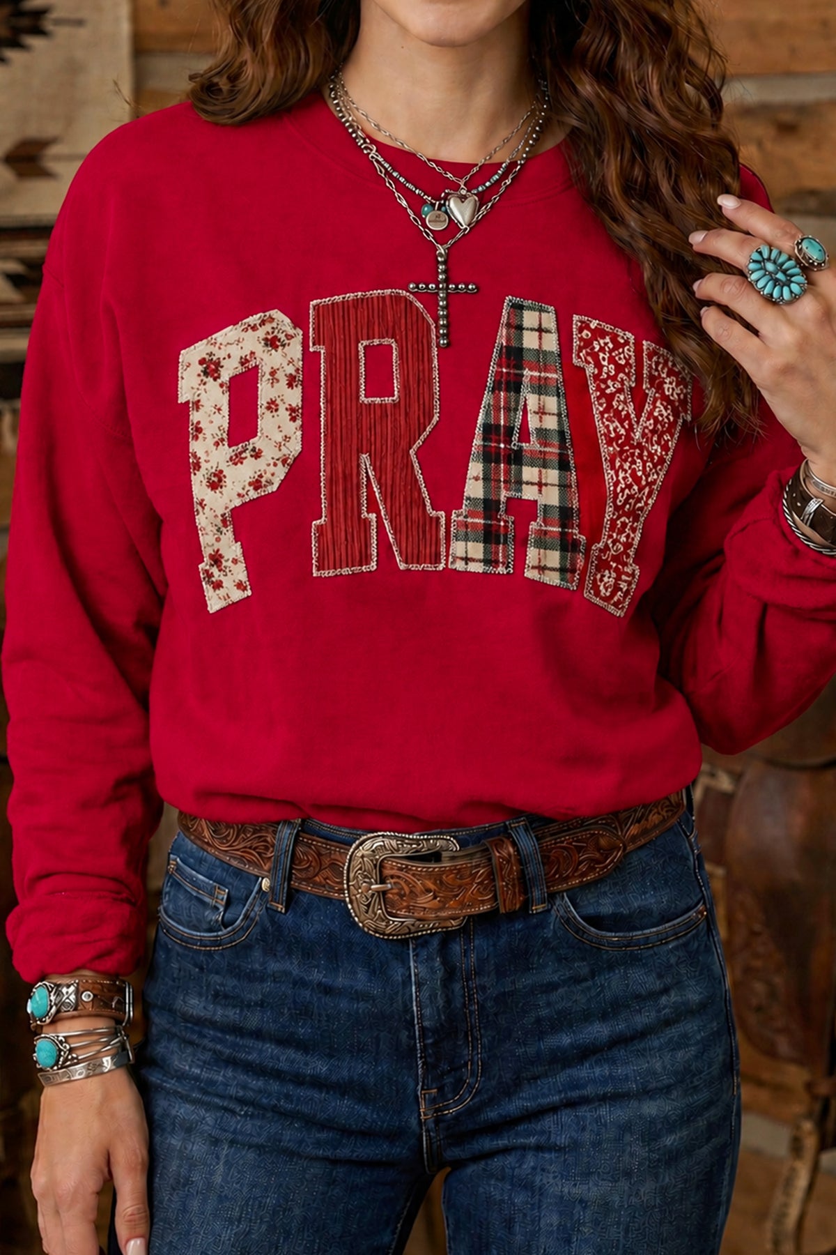 Cali Chic Women Sweatshirt Coffee Floral Buffalo Plaid Striped Embroidered Patch Western Pullover