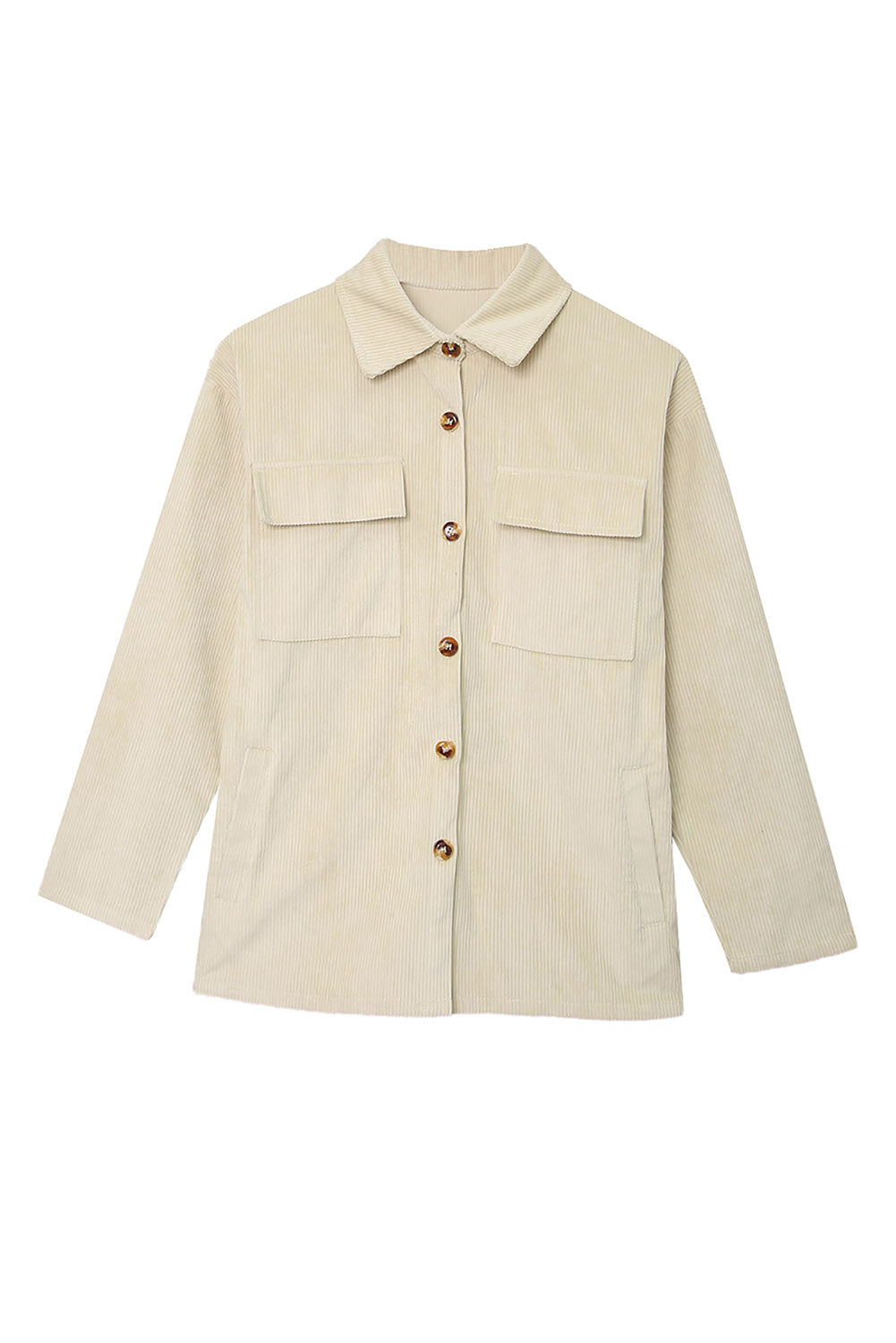 Cali Chic Beige Pocketed Button Ribbed Textured Shacket