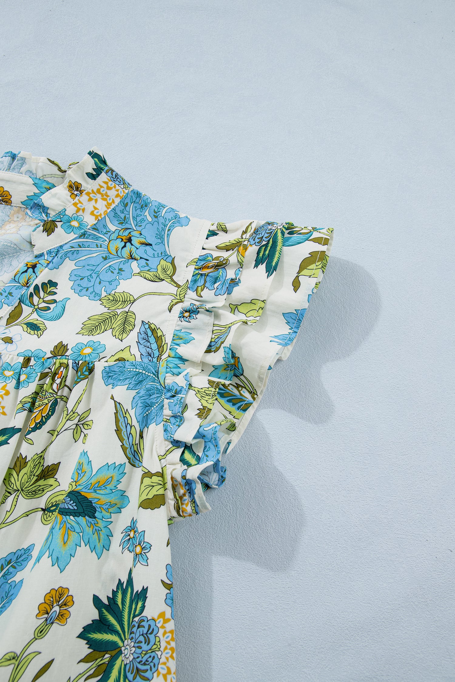 Cali Chic Women Dress Beige Floral Print V Neck Triple Ruffle Short Sleeve Shift Mini Dress - Cali Chic