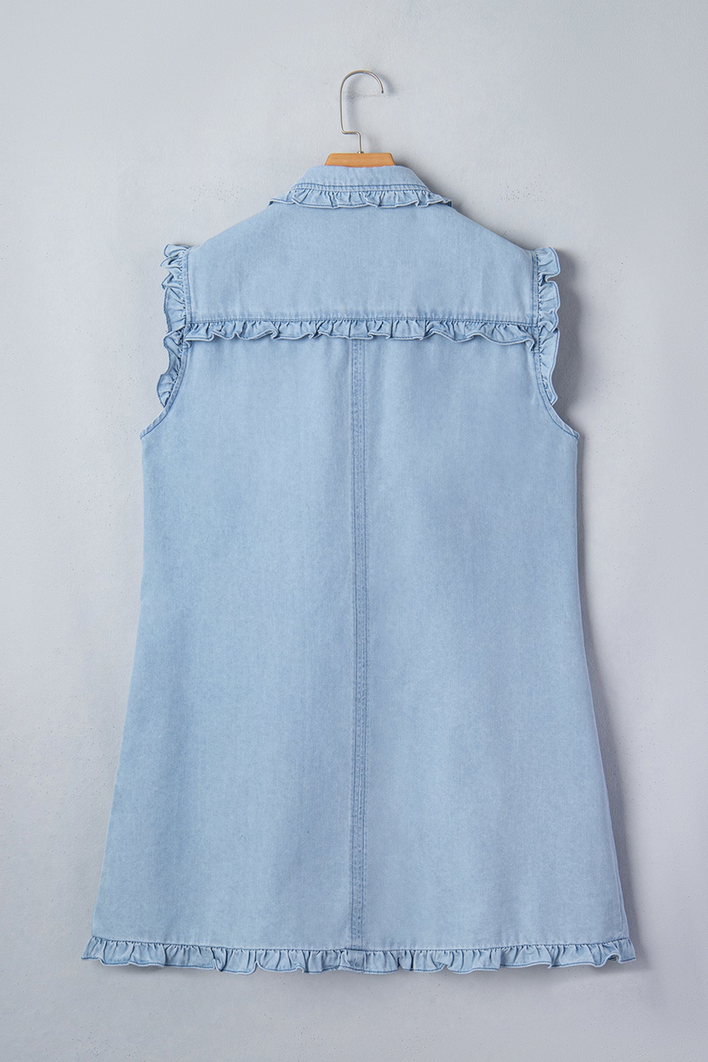 Cali Chic Women Dress Beau Blue Ruffled Edge Collared Shift Denim Dress with Pockets - Cali Chic