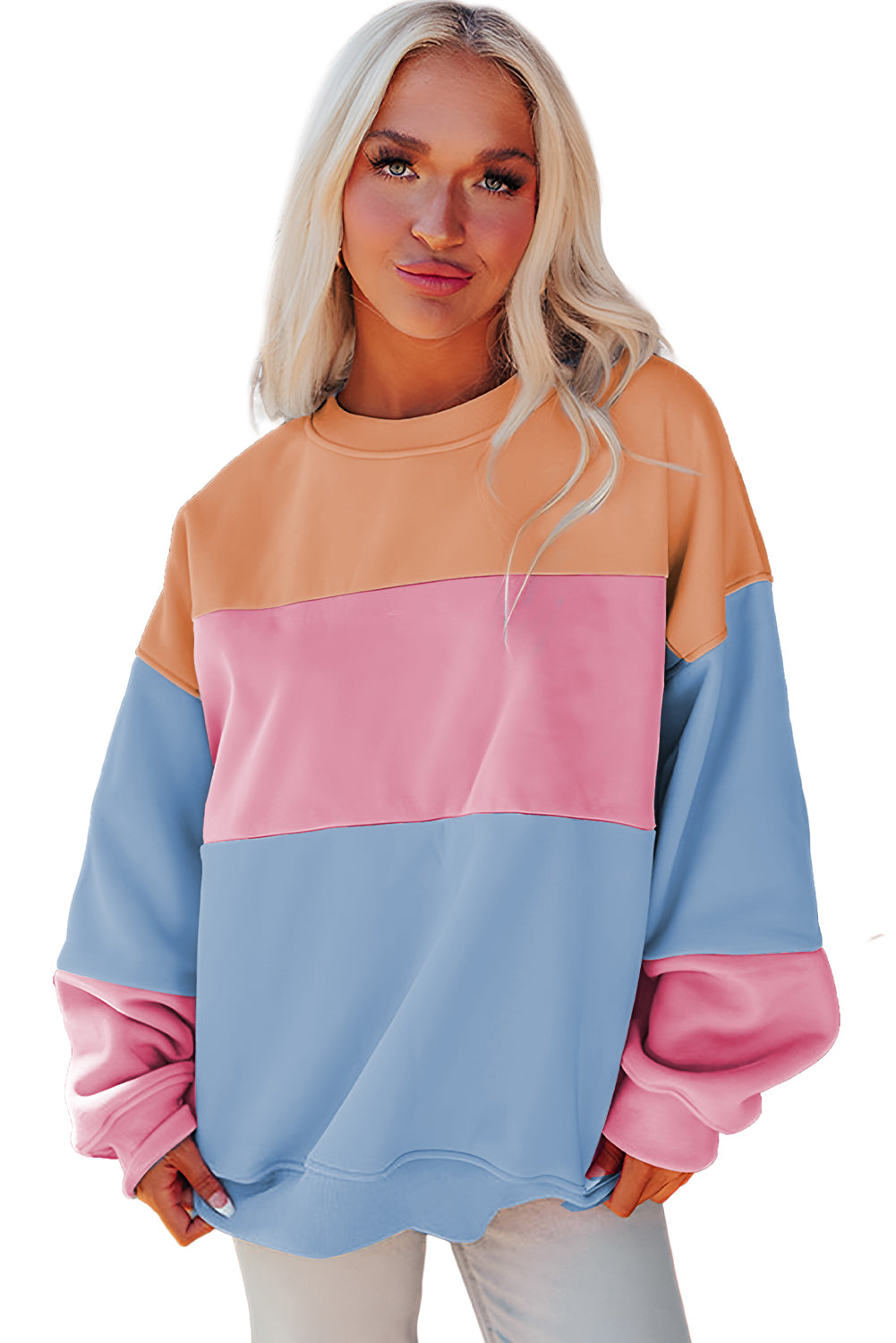 Cali Chic Women Sweatshirt Blossom Color Block Patchwork Drop Shoulder Pullover
