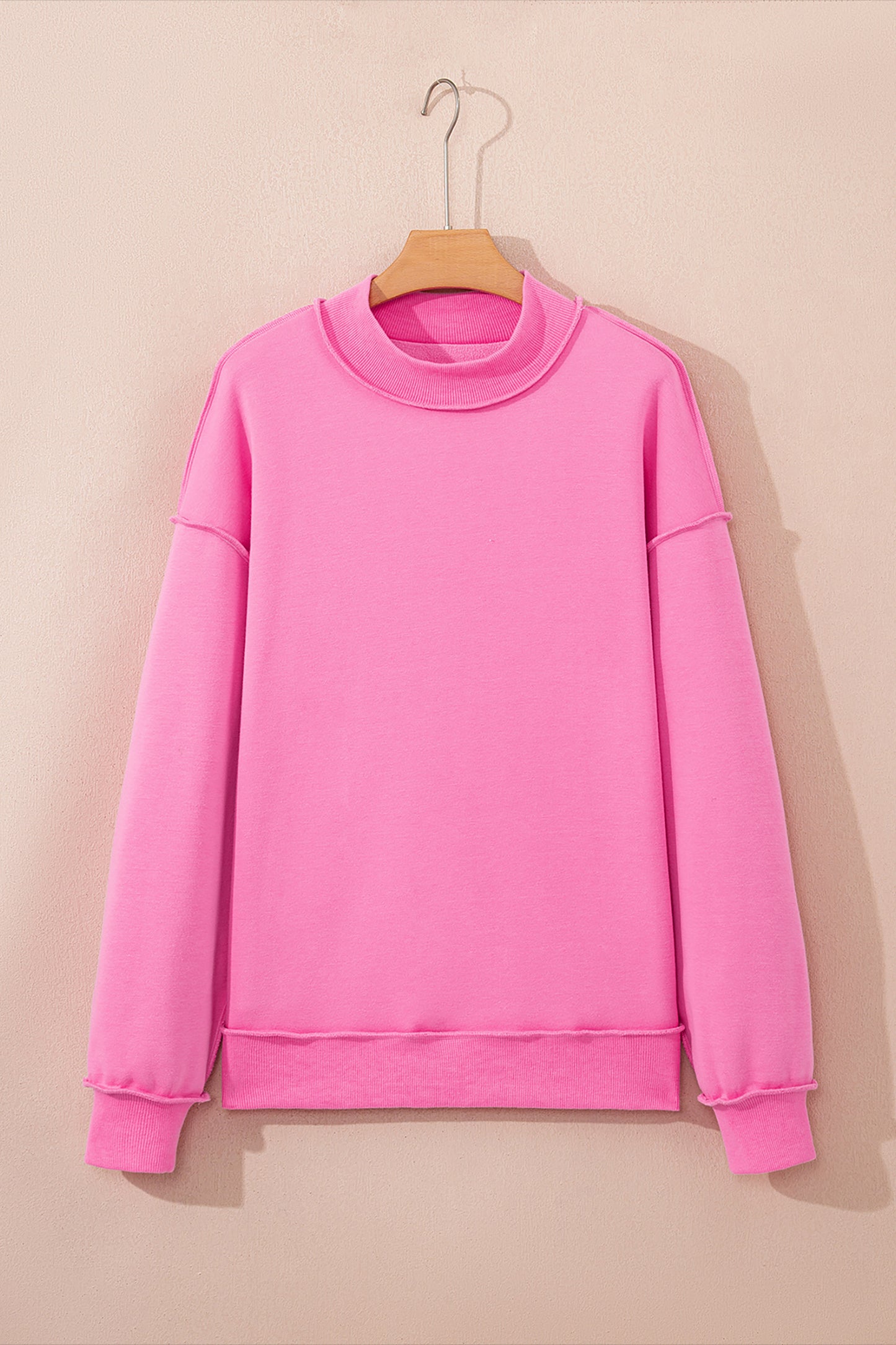 Cali Chic Women Sweatshirt Bright Pink Oversize Drop Shoulder Reversible Mock Neck Sweatshirt - Cali Chic
