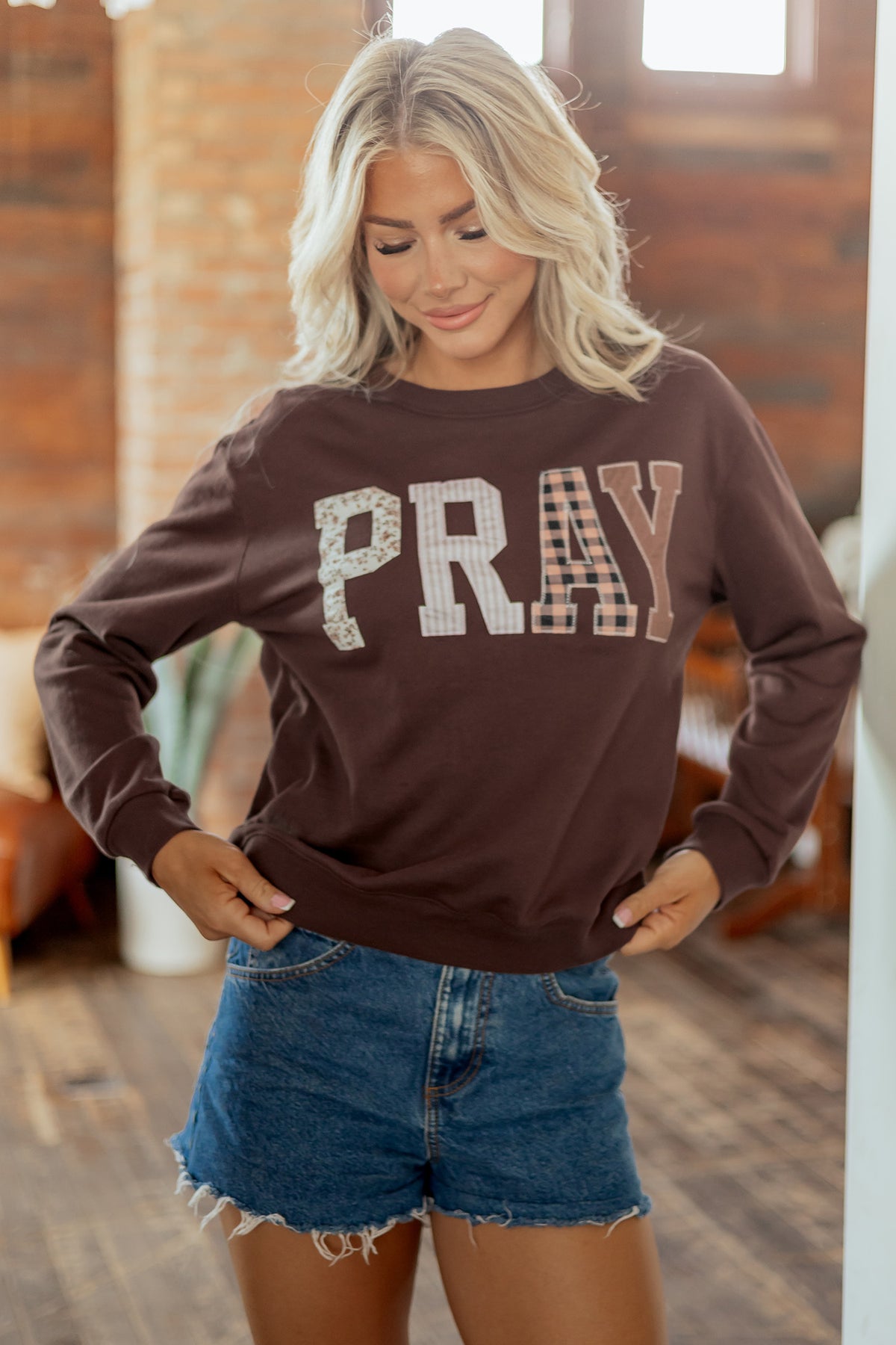 Cali Chic Women Sweatshirt Coffee Floral Buffalo Plaid Striped Embroidered Patch Western Pullover