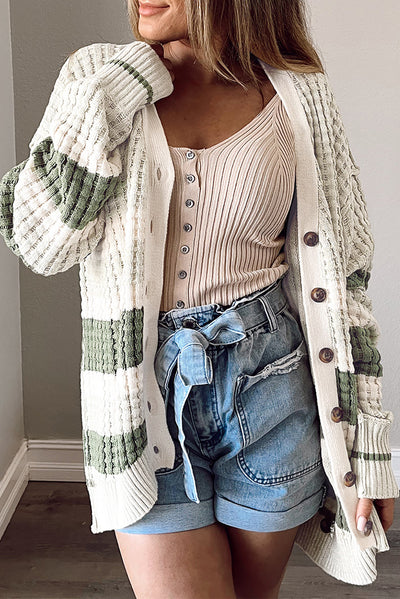 Green Colorblock Textured Knit Buttoned Cardigan
