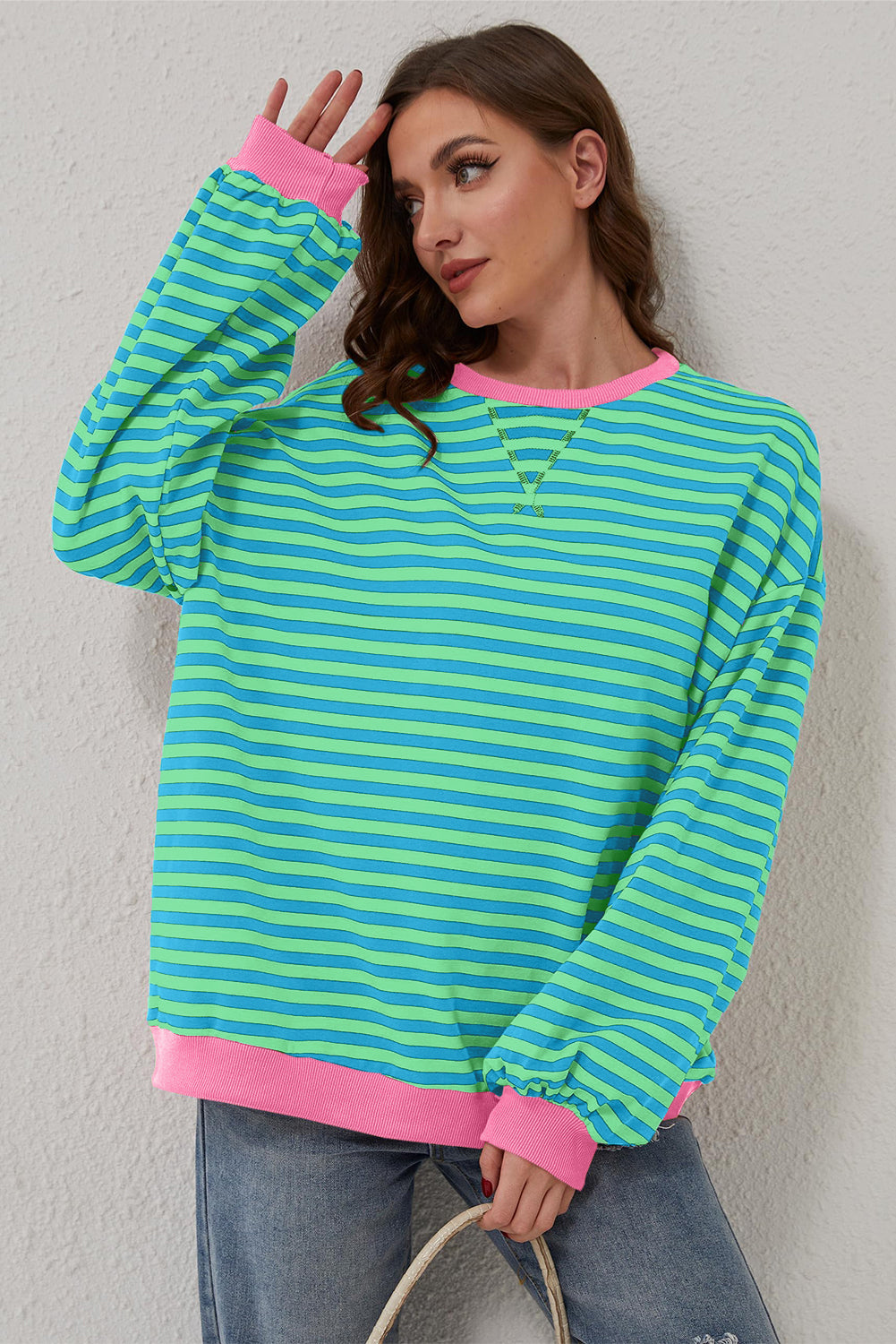Cali Chic Women's Sweatshirt Sky Blue Stripe Oversized Contrast Trim Pullover