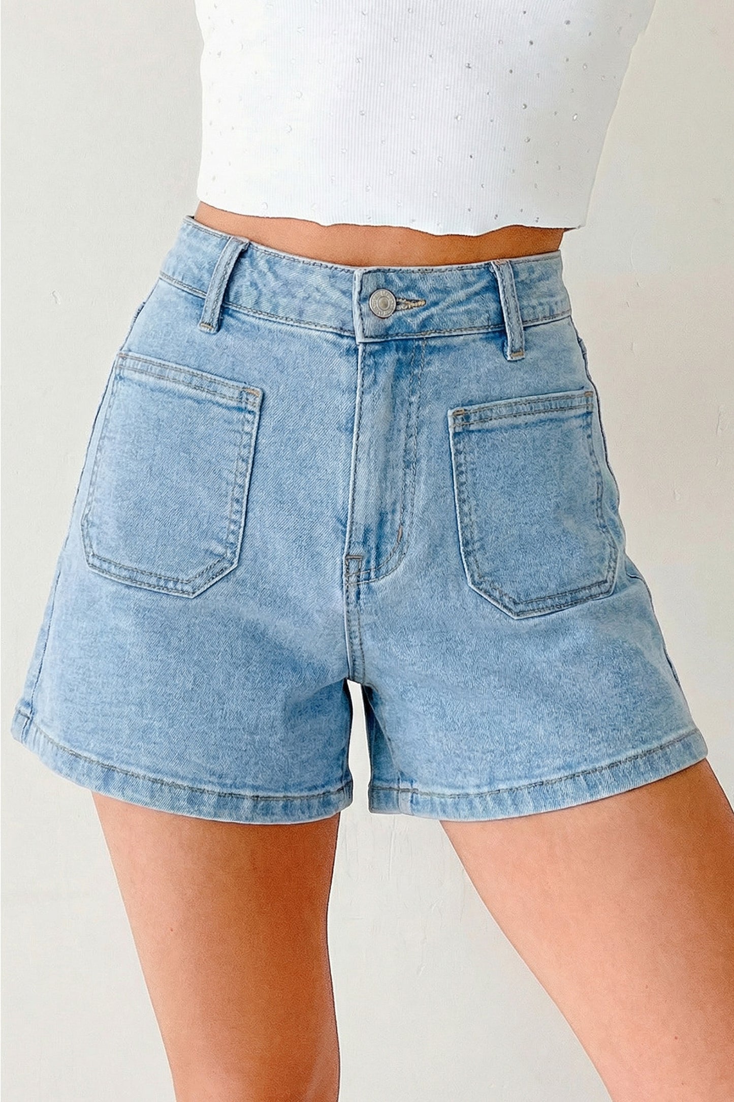 Cali Chic Women Shorts Myosotis High Rise Patch Pocket Denim Shorts - Cali Chic