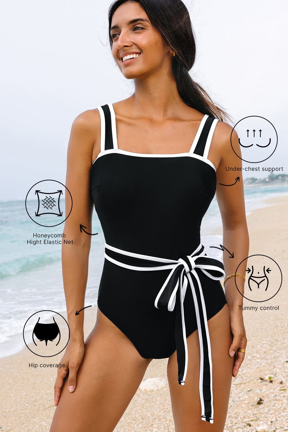Cali Chic Women Swimsuit Black Color Block Edge Belted One Piece Swimsuit - Cali Chic
